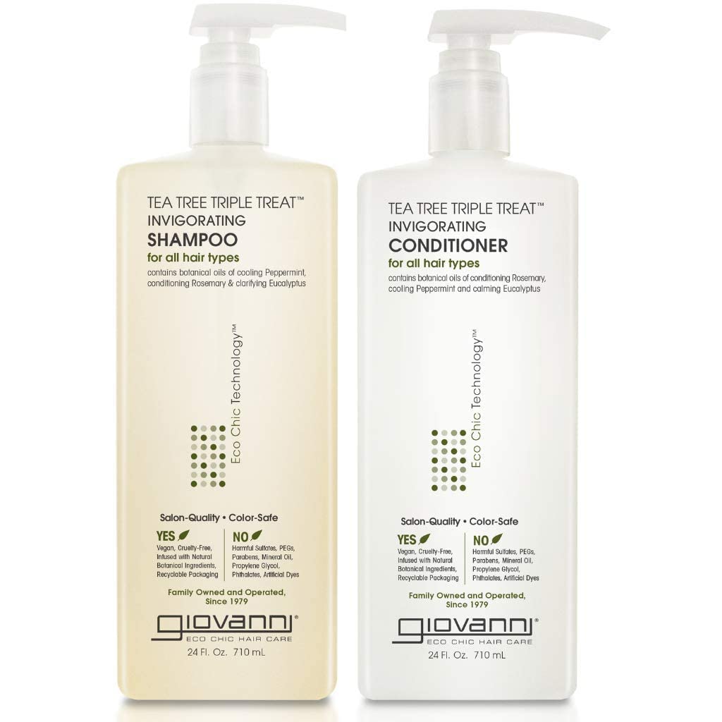 Giovanni Tea Tree Triple Treat Invigorating Shampoo & Conditioner Set - Cooling Peppermint, Eucalyptus, Rosemary, Helps Dry, Flaky Scalp, Salon Quality, Vegan, Cruelty Free, Paraben Free - 24 Oz Each