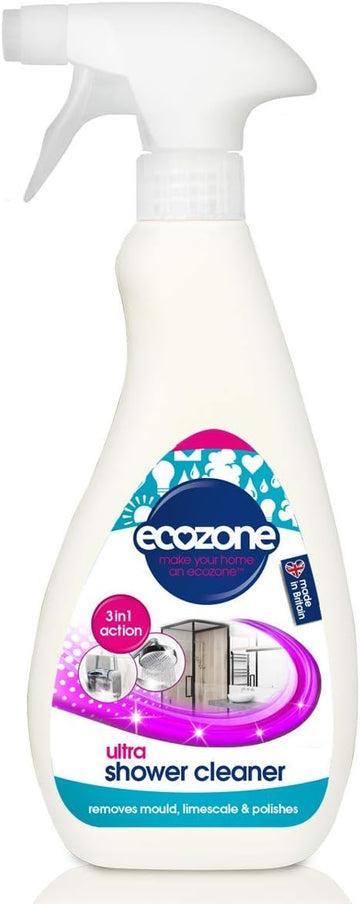Ecozone Ultra Shower Cleaner, 3-In-1 Anti-Bacterial De-Scaler & Anti Mould Polish, Cleaning Spray & Leave Formula, High Shine Finish, Natural Vegan & Non Toxic, Plant Based & Cruelty-Free (500Ml)