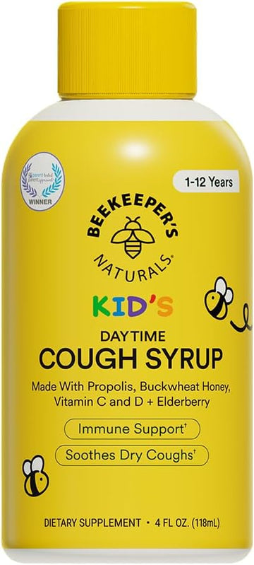 Beekeeper'S Naturals Propolis Honey Cough Syrup Daytime For Kids Immune Support With Elderberry, Vitamin C, Vitamin D & Raw Honey - Throat Soothing - Gluten Free & Clean Ingredients, 4 Oz