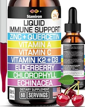 Zinc Quercetin Vitamin C D3 Liquid Immune Support with Vitamin A K2 Echinacea Chlorophyll and Elderberry - 9in1 Immune Defense Drops Complex for Immunity Health Respiratory Health - 60 Servings