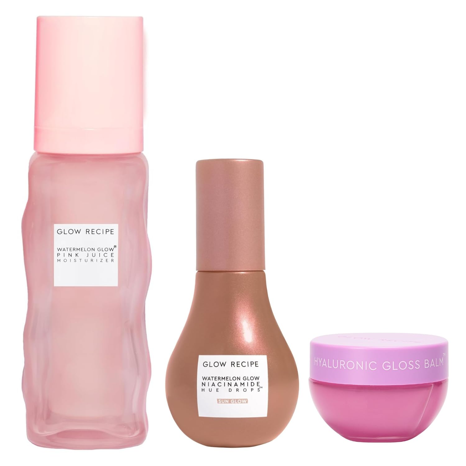 Glow Recipe Refillable Pink Juice Hydrating Face Moisturizer With Hyaluronic Acid & Watermelon (50Ml) + Niacinamide Hue Drops Tinted Face Serum (40Ml) + Plum Plump Hyaluronic Acid Lip Balm (15Ml)