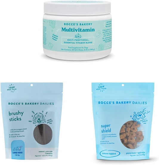 Bocce's Bakery Strong & Steady Bundle for Dogs, Wheat-Free Dog Treats, Made with Real Ingredients, Baked in The USA, All-Natural Soft & Chewy, Brushy Sticks & Supplement Assortment (Large) : Pet Supplies