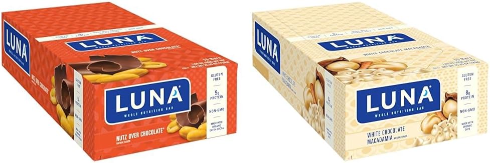 Luna Bar - Nutz Over Chocolate Flavor - Gluten-Free - Non-Gmo - 7-9G Protein - Made With Organic Oat & - White Chocolate Macadamia Flavor - Gluten-Free - Non-Gmo - 7-9G Protein