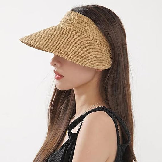 INFINIBYTE Women's Wide Brim Straw Sun – Foldable UV Protection Beach Visor Hat, Packable Summer Travel Hat with UPF 50+(Packof2) Khaki