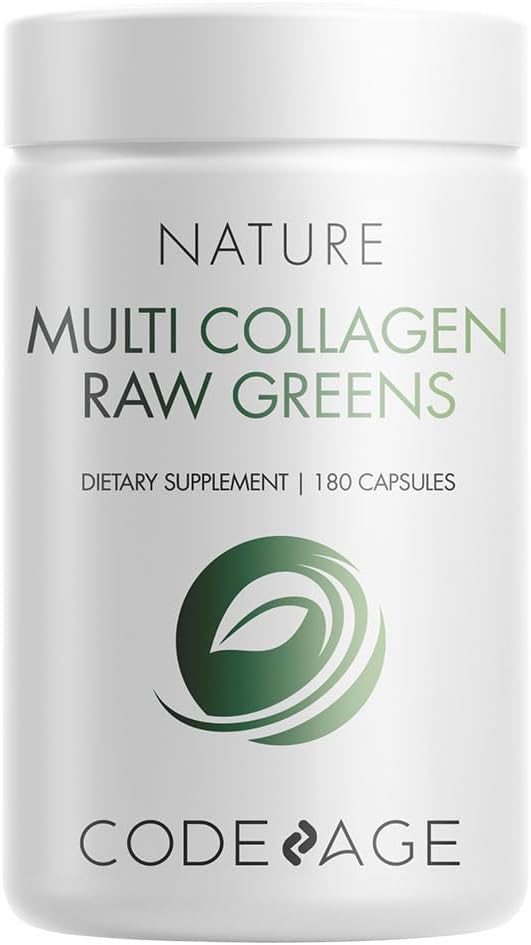 Codeage Multi Collagen Protein + Organic Raw Greens Superfood Capsules Supplement, 21 Fruits & Veggies, Grass-Fed Hydrolyzed Collagen Peptides, 5 Types All-In-One, 180 Count