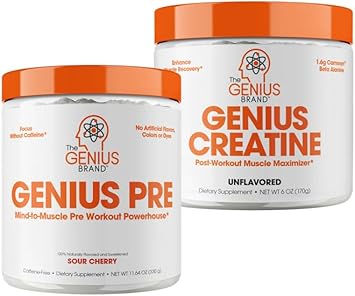 Genius Pre Workout Powder, Sour Cherry, And Genius Micronized Creatine Monohydrate Powder, Unflavored, All Natural Nootropic Pre Workout And Post Workout Supplement Stack