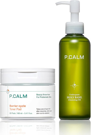 P.Calm Underpore Holy Basil Cleansing Oil & Barrier Cycle Toner Pad | Instant Blackhead Reducing Pore Control Cleansing Oil With Korean Skincare Daily Toner Pads | Vegan Cruelty-Free Fragrance-Free