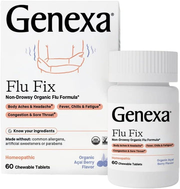 Genexa Flu Fix | Multi-Symptom Flu Remedy For Kids & Adults | Delicious Organic Acai Berry Flavor | Certified Organic & Non-Gmo | Homeopathic Remedy Made Clean | 60 Chewable Tablets