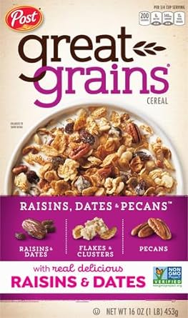 Great Grains Raisins Dates and Pecans Breakfast Cereal, Raisin Cereal with Sweet Dates and Granola Clusters, Non-GMO Project Verified, 16 OZ Box