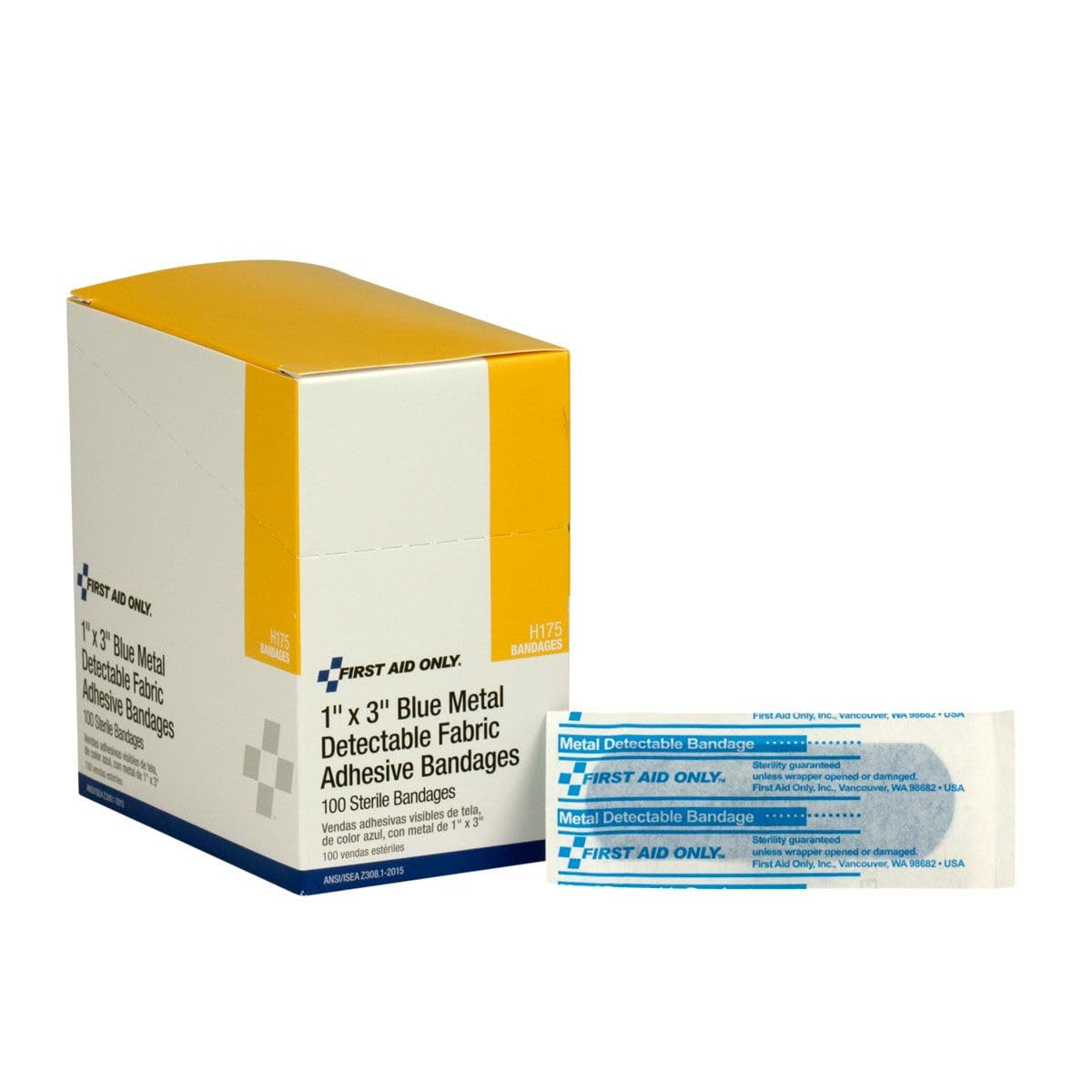 First Aid Only H175 Blue Metal Detectable 1 X 3 Fabric Adhesive Bandages, Box Of 100