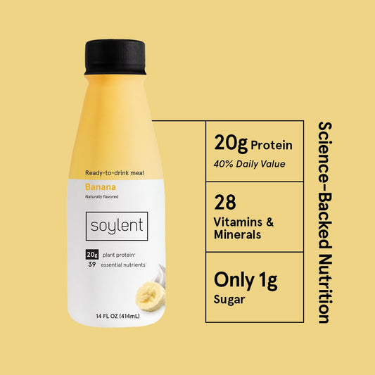 Soylent Banana Meal Replacement Shake, Ready-To-Drink Plant Based Protein Drink, Contains 20G Complete Vegan Protein And 1G Sugar, 14Oz, 12 Pack