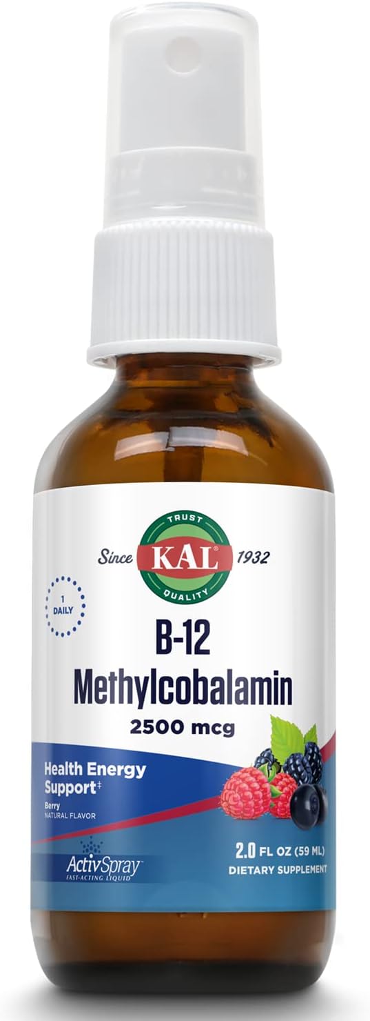 Kal Vitamin B12 Methylcobalamin Activspray 2500Mcg, Healthy Energy, Metabolism, Nerve & Red Blood Cell Support,* Fast-Acting Liq B12, Maximum Absorption, Natural Berry Avor, 80 Servings, 2