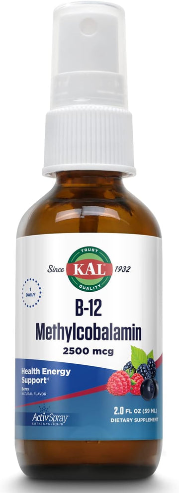 KAL Vitamin B12 Methylcobalamin ActivSpray 2500mcg, Healthy Energy, Metabolism, Nerve & Red Blood Cell Support,* Fast-Acting Liq B12, Maximum Absorption, Natural Berry avor, 80 Servings, 2