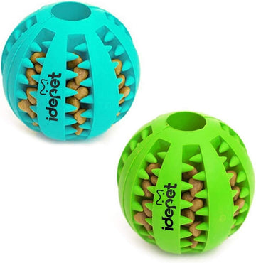 Idepet Dog Toy Ball, Nontoxic Bite Resistant Toy Ball for Pet Dogs Puppy Cat, Dog Pet Food Treat Feeder Chew Tooth Cleaning Ball Exercise Game IQ Training Ball (2 Pack-Blue&Green, 1.95 inch)