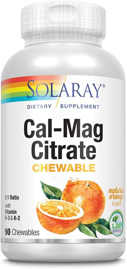 Solaray Cal-Mag Citrate Plus D-3 & K-2 Orange Chewables | 90 Count