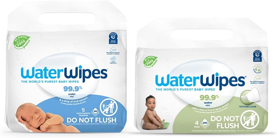 Waterwipes Bundle, Original 300 Count (5 Packs) & Textured Clean Wipes 240 Count (4 Packs), Plastic-Free, 99.9% Water Based Wipes, Unscented, Hypoallergenic For Sensitive Skin, Packaging May Vary