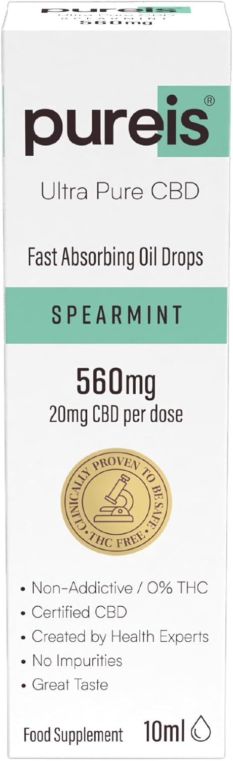 Pureis Cbd Oil, Ultra Pure, Fast Absorbing - Unflavoured Oral Drops Cbd Supplement - 560Mg = 20Mg Of Cbd Per Use - 0% Thc, Non-Addictive, Vegan, Gluten-Free - 10Ml