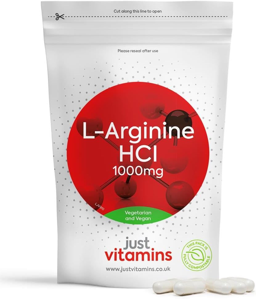 L Arginine HCL 1000mg x90 Capsules - High Strength Nitric Oxide Amino Acid L-Arginine Supplement for Men & Women, UK Made by Just Vitamins