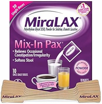 MiraLAX Gentle Constipation Relief Laxative Powder, Stool Softener with PEG 3350, No Harsh Side Effects, Single Dose Mix-In Pax with Mixing Stirrers, Travel Pack, 10 Dose