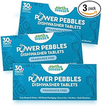 Earth Breeze Power Pebbles Dishwasher Tablets - 30 Dishwasher Tablets (3 Pack) - A Total Of 90 Tablets/Loads - Cuts Grease And Grime - Easy To Use - Fragrance Free
