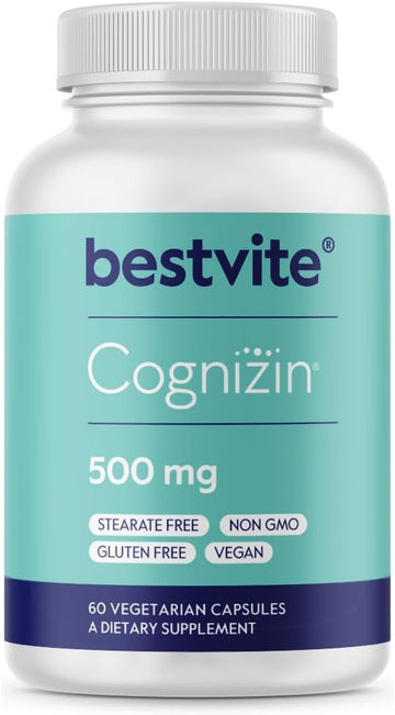 Bestvite Cognizin 500Mg (60 Vegetarian Capsules) - Clinically Studied Premium Choline Nootropic - No Stearates - Vegan - Non Gmo - Gluten Free - Citicoline - Brain Supplements For Memory And Focus