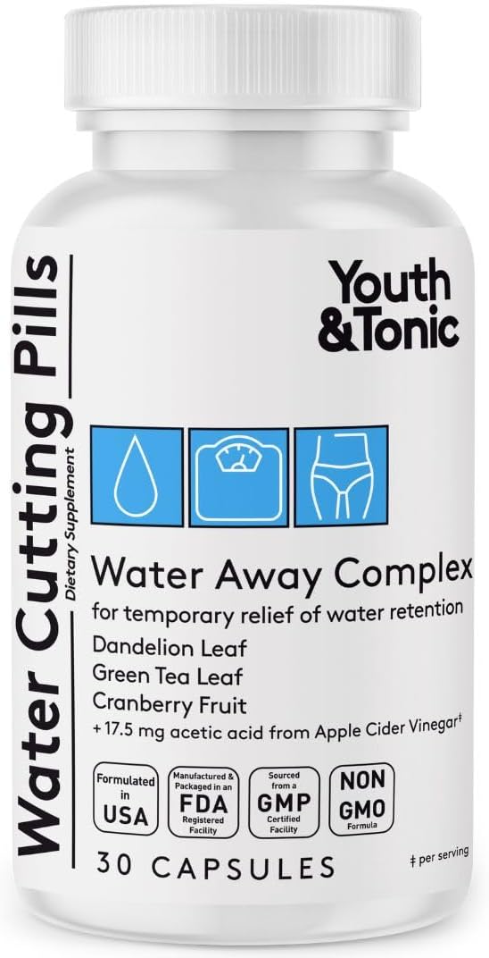 Youth & Tonic Water Cutting Pills - Natural Diuretic Complex For Temporary Water Gain, Swelling, Fluid Retention, Puffiness, Swollen Legs, Ankles, Arms, Puffy Eyes. For Men & Women With 30 Capsules