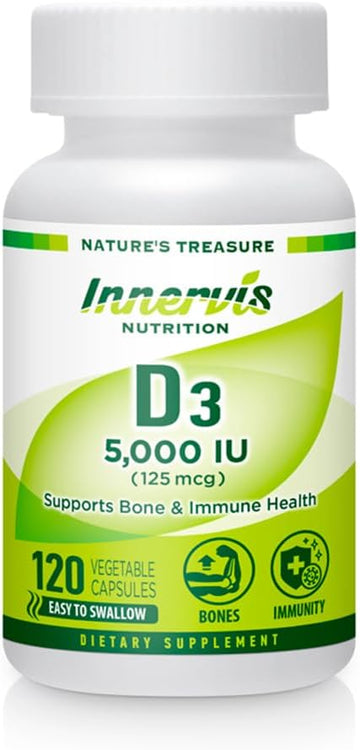 INNERVISNUTRITION Vitamin D3 5000 IU (125 mcg) 120 Vegetable Capsules Support Healthy Bones Teeth Immune System Supplement