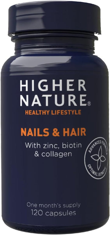 Higher Nature - Nails & Hair - Contains Zinc, Biotin & Collagen - Supports Beautiful Skin - 120 Capsules