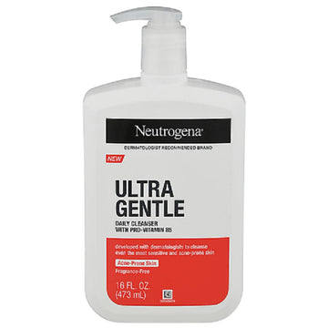 Neutrogena Ultra Gentle Daily Facial Cleanser with Pro-Vitamin B5 for Acne-Prone & Sensitive Skin, Fragrance-Free, Dye-Free, Soap-Free, Paraben-Free & Hypoallergenic Face Wash, 16 fl. oz