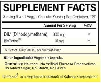 Dim Supplement 300 Mg Dim Diindolylmethane Plus Bioperine 120 Days Supply Made In Usa 120 Vegetable Capsules (120)