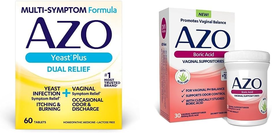 AZO Yeast Plus Dual Relief 60 Tablets, Yeast Infection & Vaginal Symptom Relief + Boric Acid Vaginal Suppositories, Helps Support Odor Control & Balance PH with Clinically Studied Boric Acid 30 CT