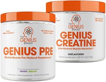 Genius Pre Workout Powder, Grape, And Genius Micronized Creatine Monohydrate Powder, Unflavored, All Natural Nootropic Pre Workout And Post Workout Supplement Stack