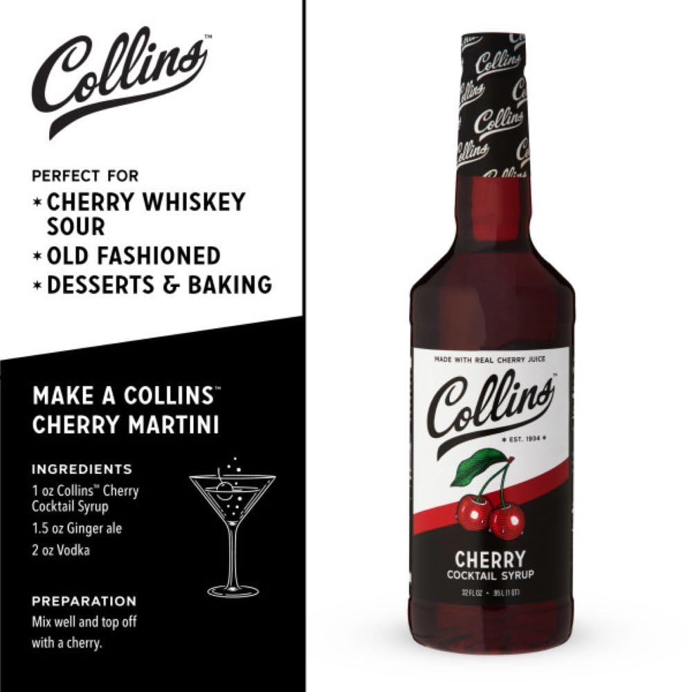 Collins Cherry Syrup, Cherry Simple Syrup, Real Sugar Cocktail Syrups, Soda Water Flavors, Cocktail Mixers, Cherry Flavoring for Drinks 32 Ounces, Set of 1 : Drs. Jack & Rexella Van Impe: Grocery & Gourmet Food