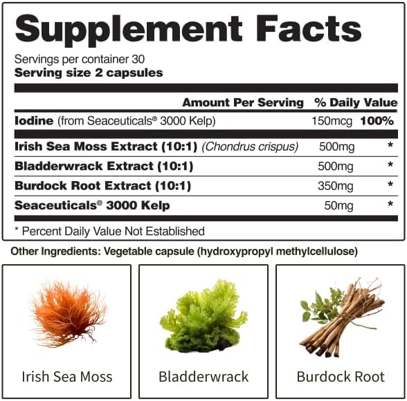 Irish Sea Moss Capsules w/Bladderwrack, Burdock Root & Iodine Energy Support - Seamoss Supplement to Elevate Mood, Strengthen Immunity & Digestion, Renew Skin Tone - Seamoss Pills (60 Capsules) : Health & Household