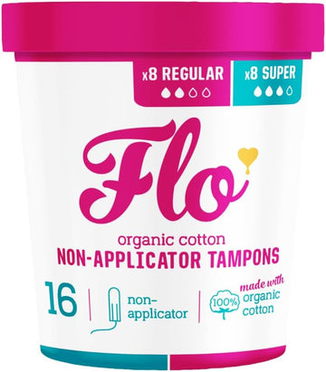 Flo Organic Non-Applicator Highly Absorbent Organic Tampons - Made From 100% Organic Cotton - Biodegradable - 8 Regular, 8 Super Combo - 16 Mix Pack (Pack Of 2)