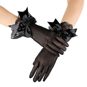 VALUEVIBES Lace Gloves for Women – Elegant Short Bridal Gloves with Butterfly Bow Design | Black & White Net Mittens for Wedding, Party