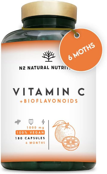 Vitamin C Tablets 1000Mg High Dose + Bioflavonoids - High Strength Natural Vit C Complex Adults Ascorbic Acid - Immune Support. 180 Capsules. N2 Natural Nutrition