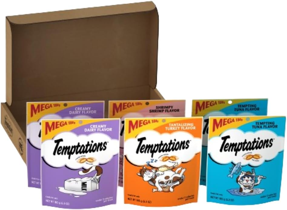 Temptations Classic Crunchy And Soft Cat Treats Variety Pack With Creamy Dairy, Tempting Tuna, Shrimpy Shrimp, And Tantalizing Turkey Flavors, (6) 6.3 Oz. Pouches