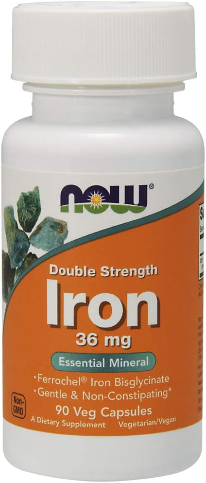 NOW Supplements, Iron 36 mg, Double Strength, Non-Constipating*, Essential Mineral, 90 Veg Capsules
