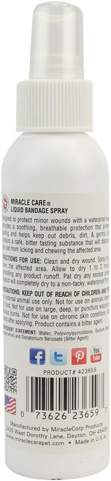 Miracle Care First Aid Liquid Bandage Spray For Dogs And Cats, 4 Ounce, Instantly Protects Minor Wounds And Discourages Licking