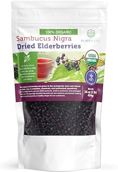 Certified USDA - 100% Organic Dried Elderberries - 1lb Bulk - Non-Irradiated, Non-Gmo, Whole Black Elderberry Immune Support For Making Elder Syrup, Gummies, Tea - Raw Vegan Sambucus 1 Pound