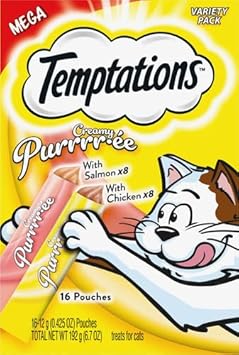 Temptations Creamy Puree Squeezable Lickable Wet Cat Treat Variety Pack, 0.42 Oz. Tubes, Pack Of 16