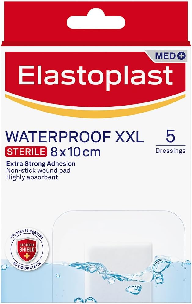 Elastoplast Waterproof Xxl Med+ Dressings (5 Pieces), Pack Of First Aid Plasters, Large Plasters For Post-Operative Wounds, Waterproof Sterile Dressings For Wounds, 0% Latex, Clear
