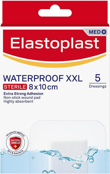 Elastoplast Waterproof Xxl Med+ Dressings (5 Pieces), Pack Of First Aid Plasters, Large Plasters For Post-Operative Wounds, Waterproof Sterile Dressings For Wounds, 0% Latex, Clear
