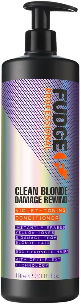 Fudge Professional Clean Blonde Damage Rewind Conditioner, Bulk Size, Intense Purple Toning For Blonde Hair, Bond Repair Technology, Sulfate Free, 1 Litre