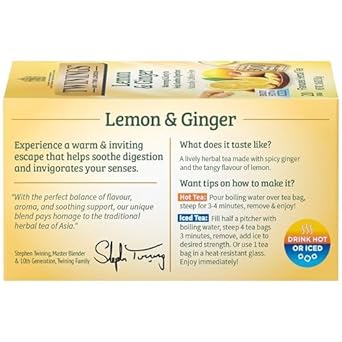 Twinings Lemon & Ginger Individually Wrapped Herbal Tea Bags, 20 Count (Pack Of 6), Tangy Lemon, Spicy Ginger, Caffeine Free, Enjoy Hot Or Iced