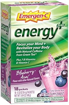 Emergen-C Energy+, With B Vitamins, Vitamin C And Natural Caffeine From Green Tea(Blueberry Acai Flavor) Dietary Supplement Drink Mix, 0.33 Ounce Powder Packets(Pack of 18)