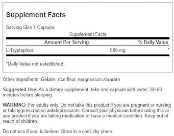 Swanson Amino Acid L-Tryptophan 500 Milligrams 60 Capsules