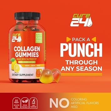 Cure24 Collagen Gummies With Zinc, Vitamin C And Biotin, Collagen Peptides Supplement Promotes Hair, Nail, Skin, Bone And Joint Health Support, Made In Usa 60 Gummies : Health & Household