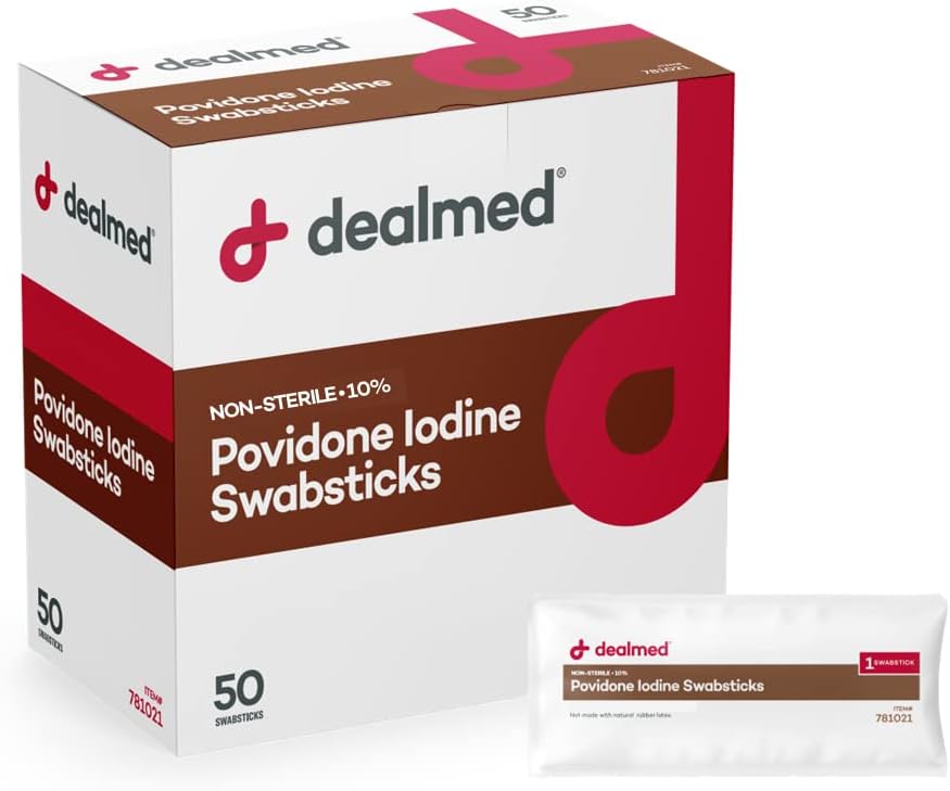 Dealmed Povidone Iodine 10% Swabsticks - Individually Sealed Packets Perfect For Wound Care And Portable First Aid Kits, 50/Box (Pack Of 1)